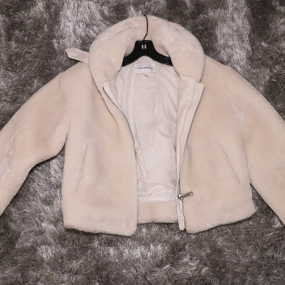 Club Monaco Women's Ivory Cropped Faux Fur Jacket Size M Retail $298
